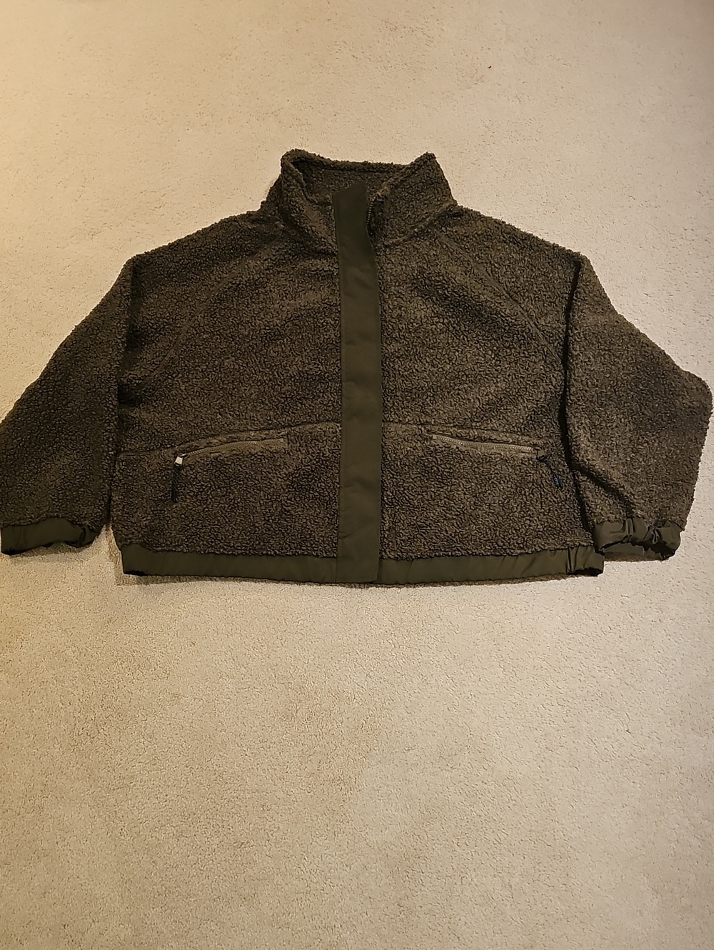 Women's Olive Teddy Jacket with Zip Pockets